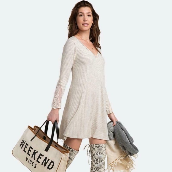 Alya Dresses & Skirts - Francesca's ALYA Women Lace Long Sleeve Mini Tunic Dress Heather Oat XSS